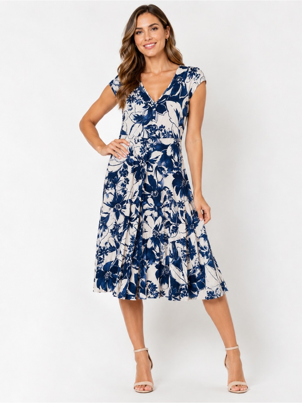 Chaps Floral Navy/Cream V-Neck Midi Dress